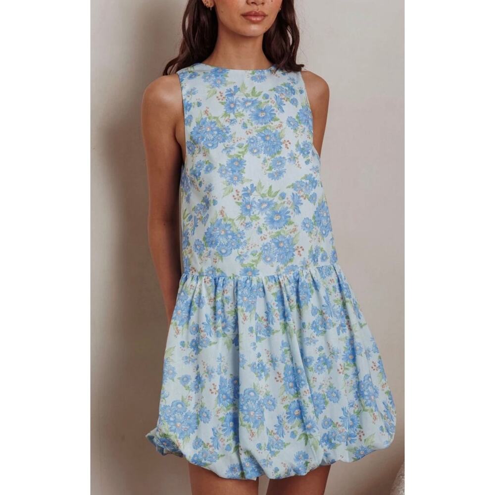 Blue Floral Bubble Hem Mini Dress – Cottagecore / Coquette Indikah Small